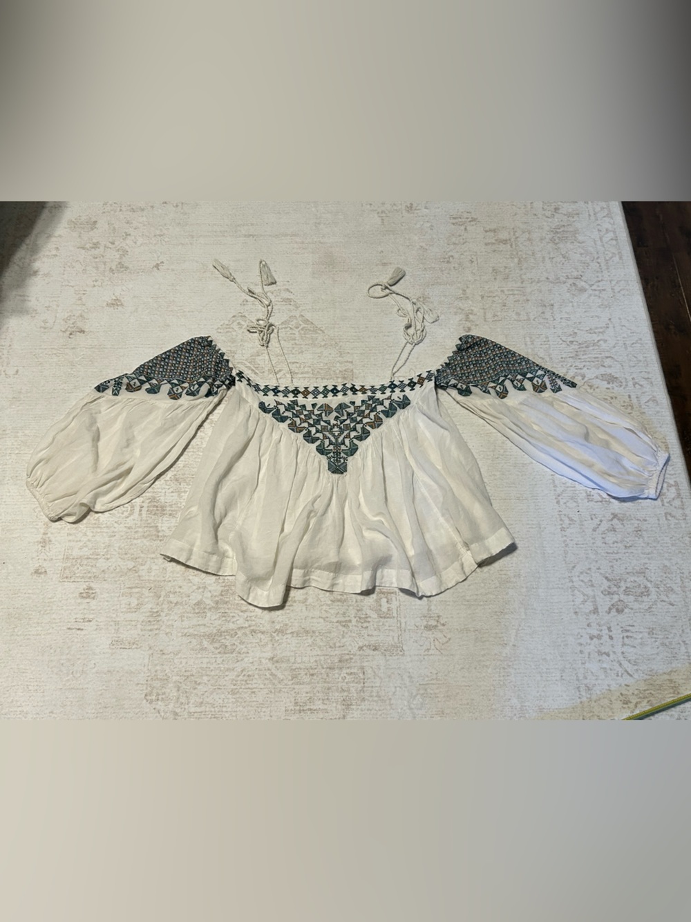 Free People Boho White Off-Shoulder Tunic with Teal Embroidery